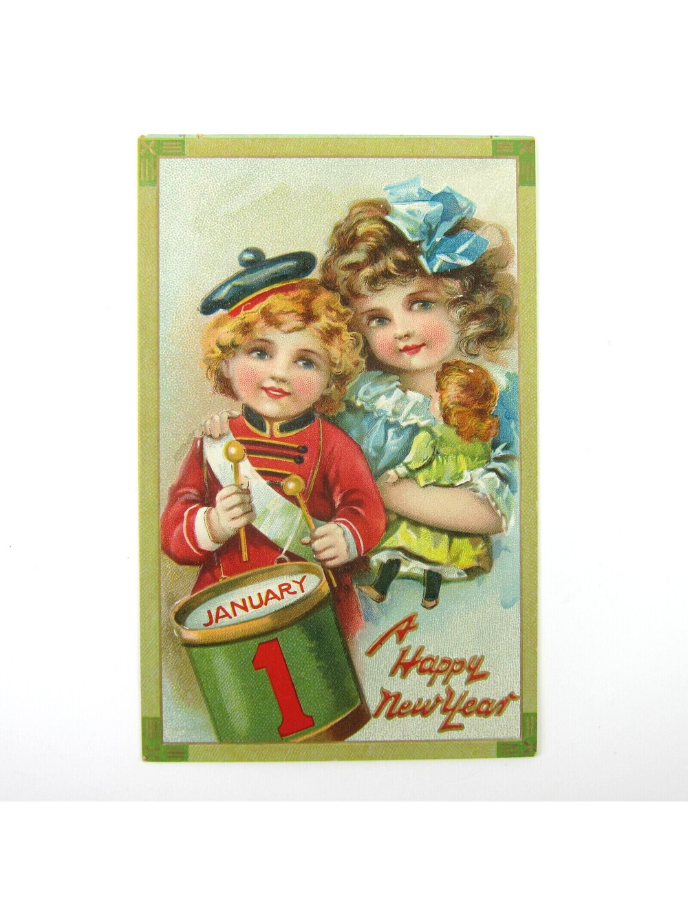 Postcard New Year Boy Drummer & Girl Doll Raphael Tuck 605 Gold Embossed Antique